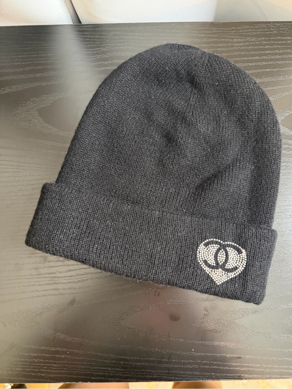 CHANEL Black Knit Beanie with Crystal Heart Logo